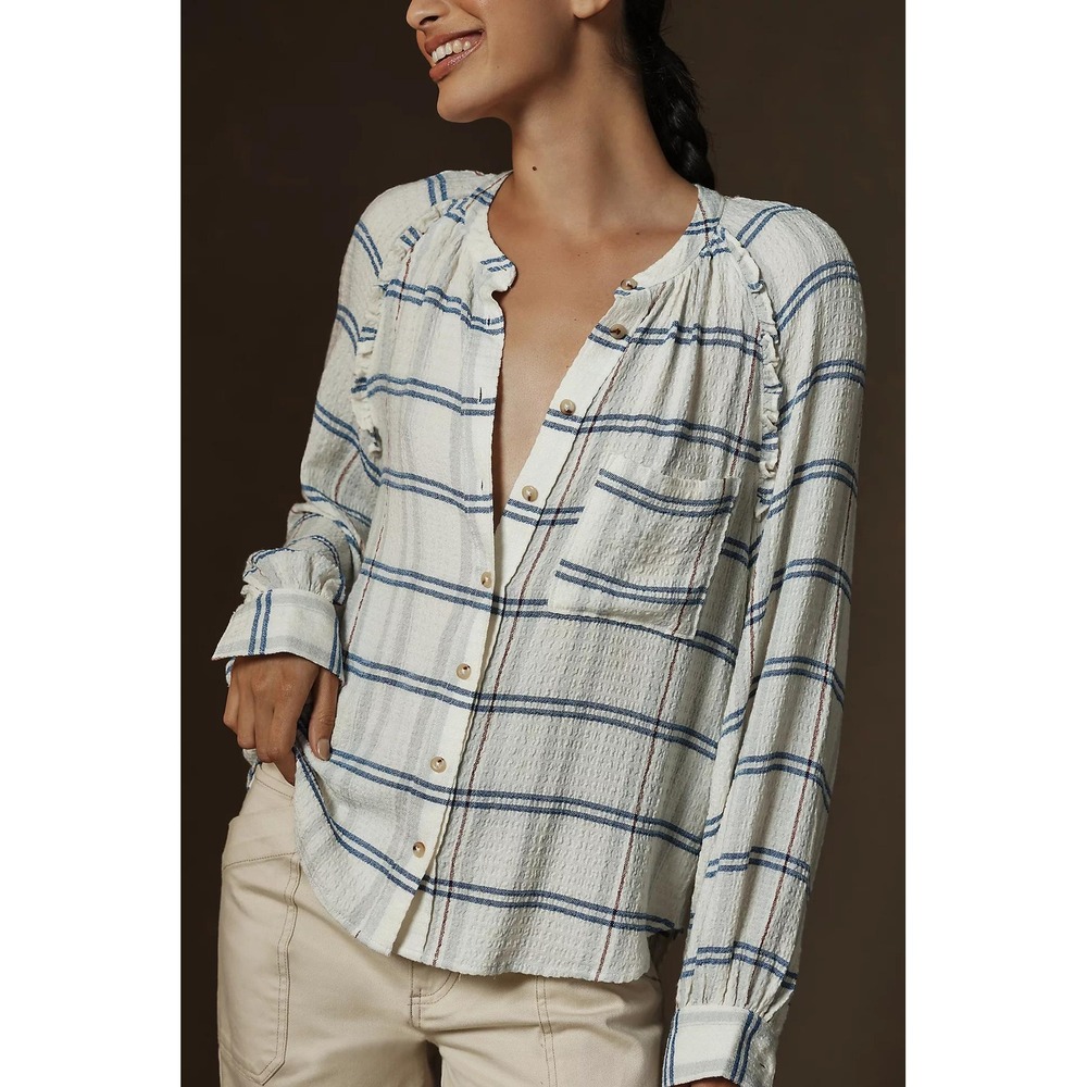 Pilcro Anthropologie Womens Plaid Button Down Blouse Blue White Ruffle Trim L